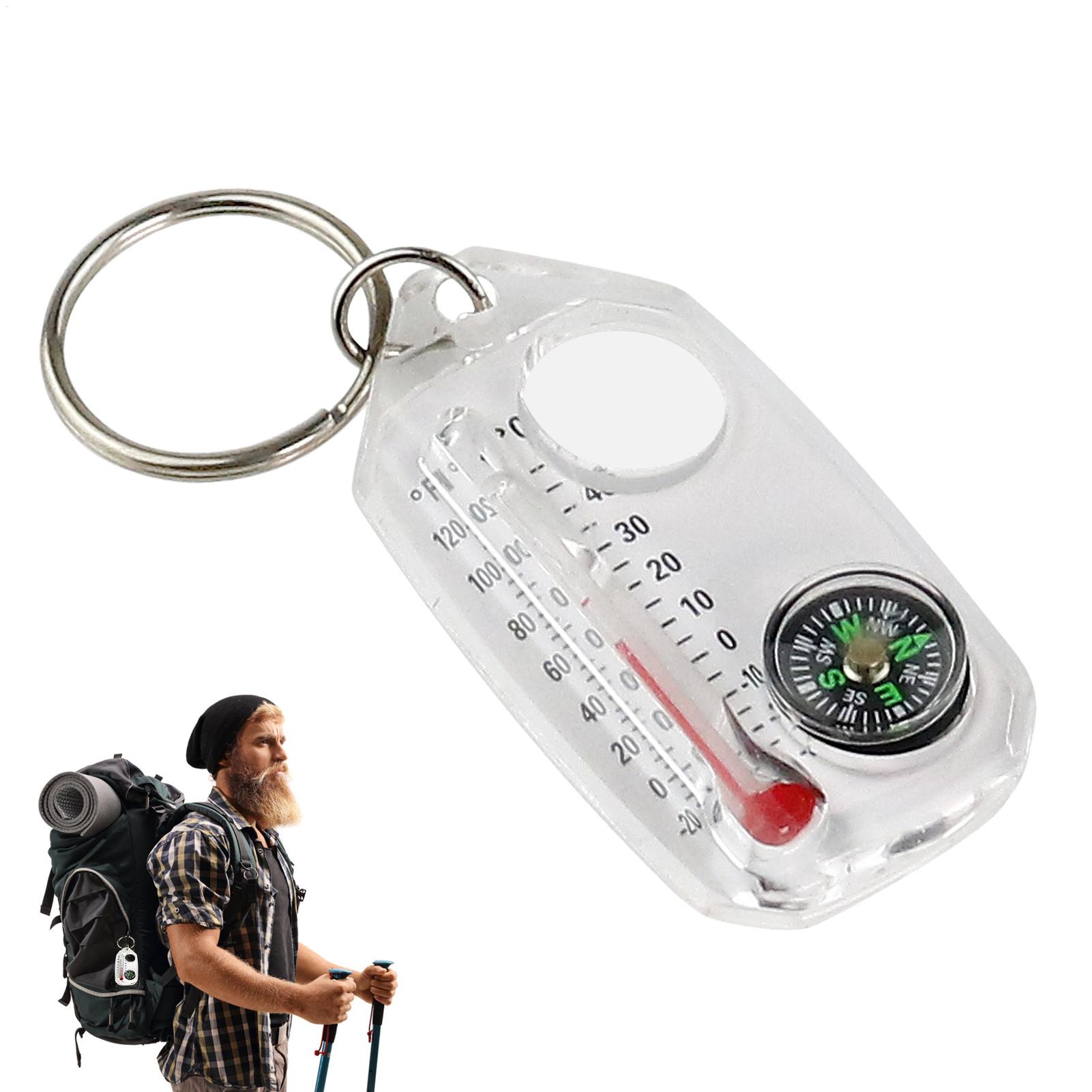 Compass Keychain Mini - เข็มทิศพวงกุญแจขนาดเล็กแบบพกพา เครื่องวัดอุณหภูมิกลางแจ้ง แว่นขยาย เข็มทิศนำทาง อุปกรณ์เอาตัวรอดสำหรับการตั้งแคมป์